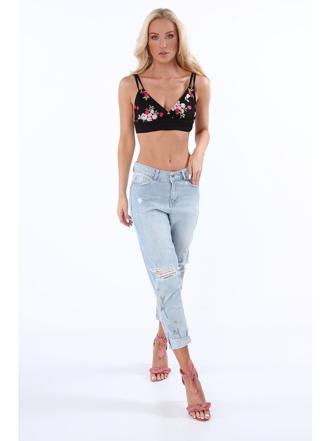 Embroidered short top with straps, black ZZ352 - Online store - Boutique